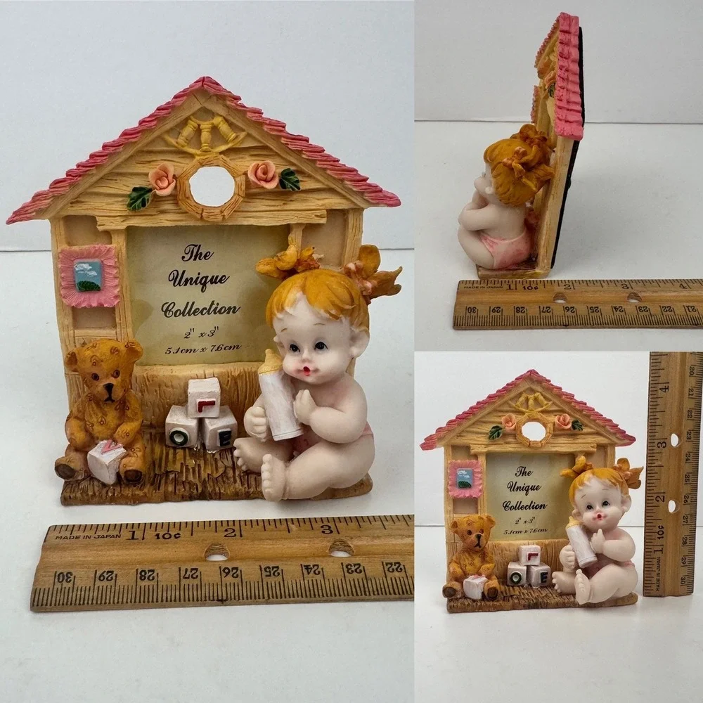Vtg Small Miniature White Baby Girl Teddy Bear Tabletop Picture Frame Nursery